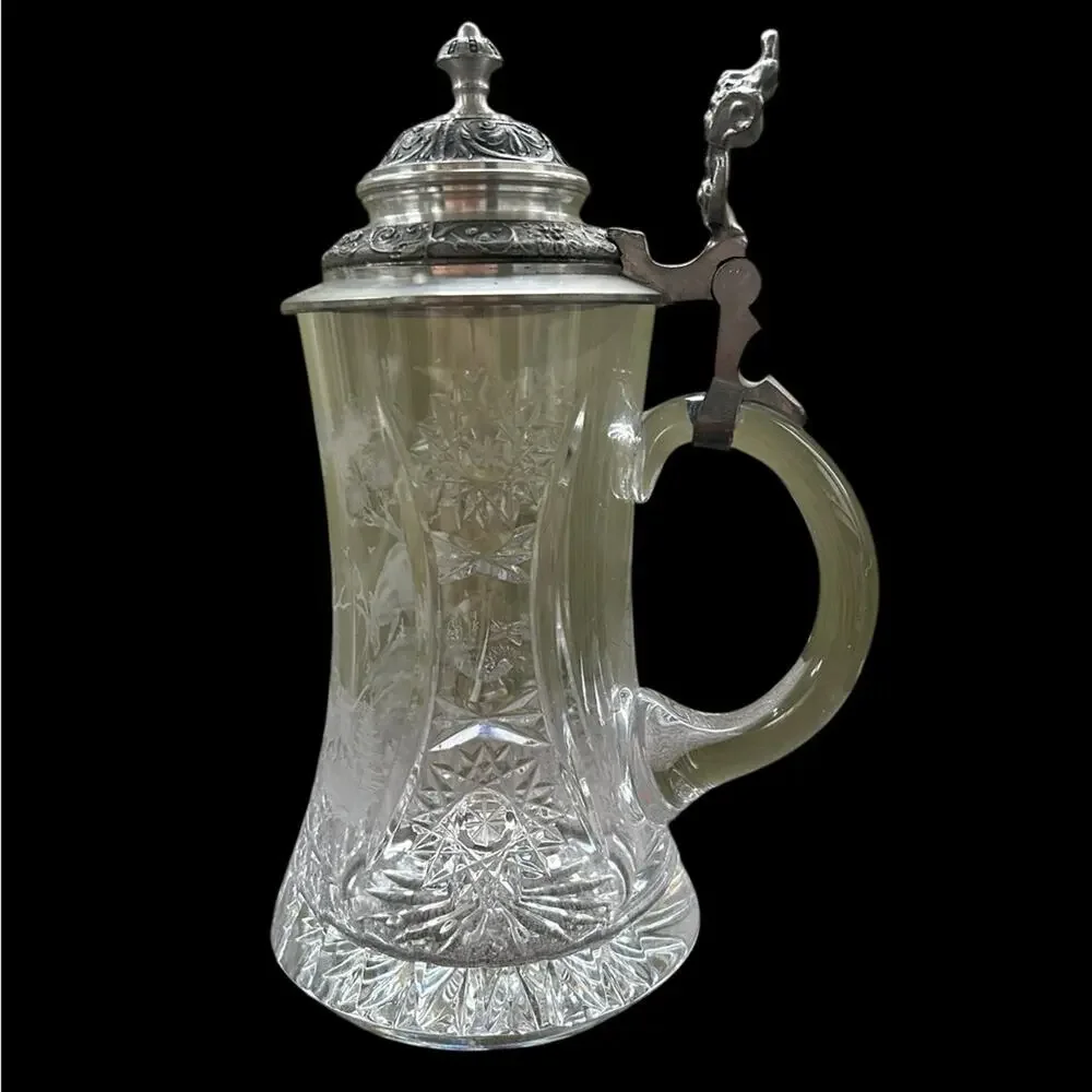 Vintage‎ Crystal Beer Stein Etched Deer Scene w/ Ornate Pewter Lid Barware